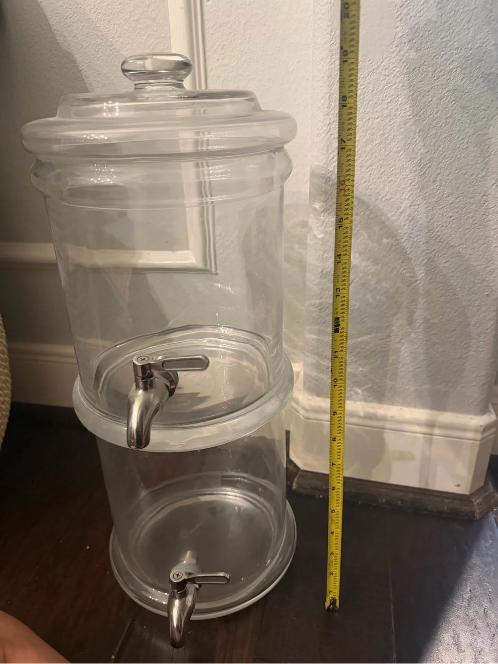 Pottery Barn Clear Glass Double-Tier Beverage Dispenser with Silver Spigots